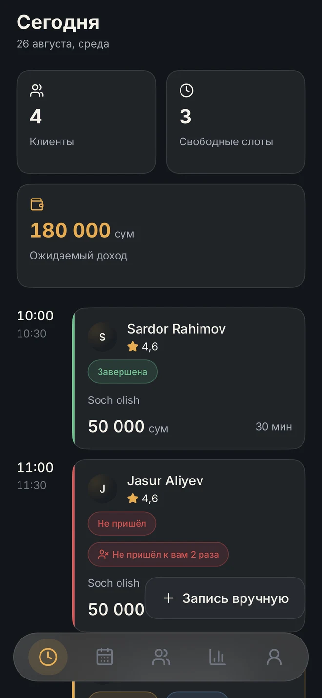 Пример записей на день в режиме мастера Barberjon